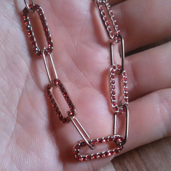 Red Austrian Crystal Paperclip Ion Plated Rose Gold Stainless Steel Necklace - Picture 2 of 10